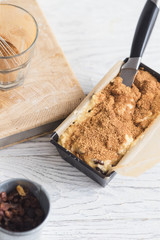 Raw cinnamon loaf cake dough in a pan