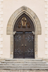 Large wooden door with wrought-iron elements. Decorative door with fittings.
