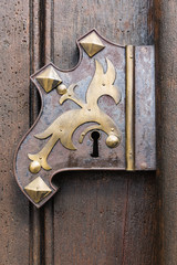 Large wooden door with wrought-iron elements. Decorative door with fittings.