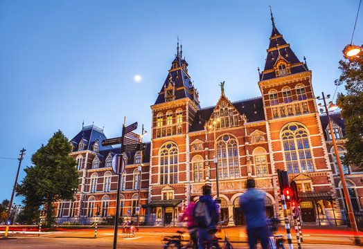 Amsterdam at summer night. Famous national Rijks museum general view.
