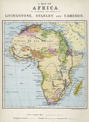 Fototapeta na wymiar Map of Africa illustrating travels of explorers. Date: 19th century