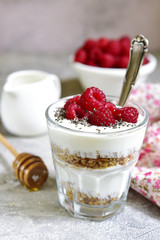Layered yogurt dessert with granola,chia seed and fresh raspberry.