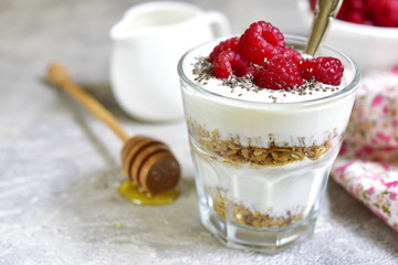 Layered yogurt dessert with granola,chia seed and fresh raspberry.