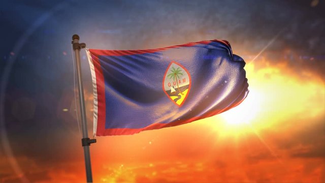Guam Flag Backlit At Beautiful Sunrise Loop Slow Motion 4K