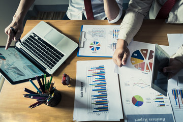 Business person analyzing financial statistics displayed on the laptop screen