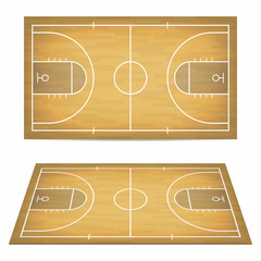 Basketball court with wooden floor. View from above and perspective, isometric view.