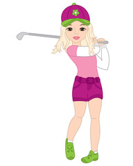 Vector Girl Playing Golf. Vector Golfer. Golf Vector Illustration. 