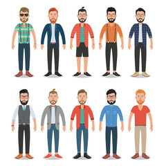 Set of hipster men. Hipster styles with different haircuts, glasses, fashion styles, beard and mustache