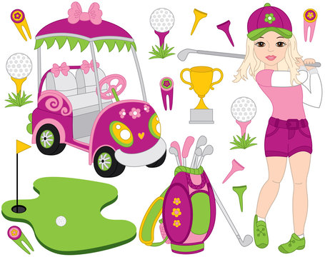Vector Golf Set with Girl Playing Golf and Golf Accessories. Vector Golfer. Golf Vector Illustration. 