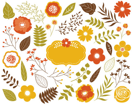 Vector Autumn Floral Set with Leaves, Flowers, Berries and Frame.  Vector Autumn Leaves and Flowers. Vector Fall.