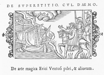 Plakat Magician conjuring up favourable winds Scandinavia. Date: 1555
