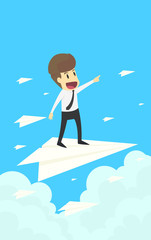 Businessman stand on paper plane and pointing to success