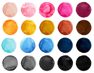 Watercolor Illustration for artistic design. Round stains, blobs of blue, pink, yellow, black and brown color