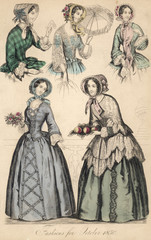 Fototapeta na wymiar October 1850 Fashions. Date: 1850