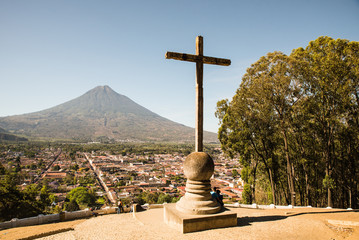 Cerro de la Cruz - Viewpoint from hill to old historic city Antigua and volcano in the mayan...