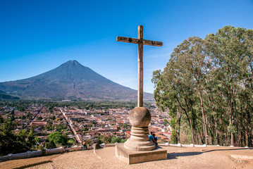 Cerro de la Cruz - Viewpoint from hill to old historic city Antigua and volcano in the mayan...