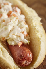 organic beef hot dogs in buns with cole slaw
