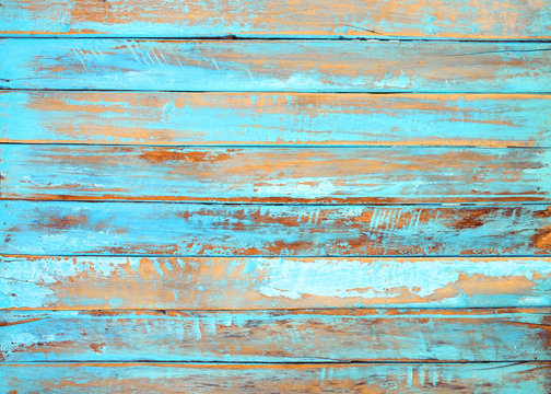 Old beach wood background - vintage blue color wooden plank