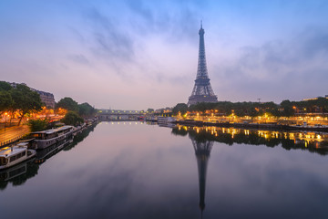 Paris city skyline with Eiffel Tower and Seine River when sunrise, Paris, France