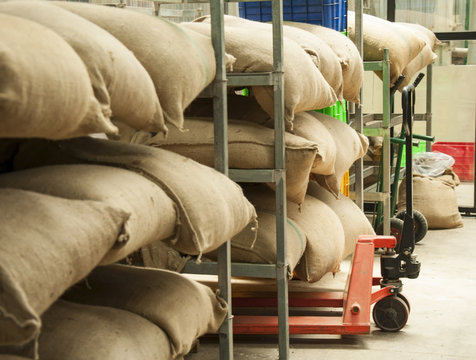 Sacks of rice and koffee in the warehouse.