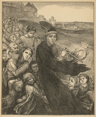 The Pied Piper of Hamelin Followed by Children. Date: 19th century - obrazy, fototapety, plakaty