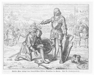 Fototapeta na wymiar Emperor Maximilian knighting Claude de Barre . Date: circa 1500