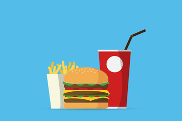 burger with drinks and french fries, fast food and health concept