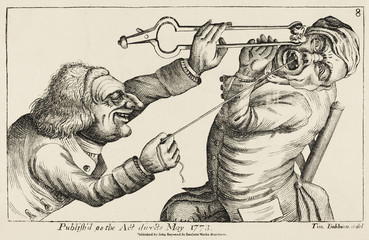 Drawing a tooth with hot coal and string. Date: 1773 - obrazy, fototapety, plakaty