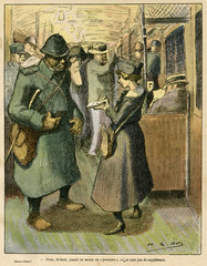 Cartoon  Female worker on Paris Metro  WW1. Date: 1917