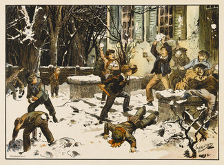Boys enjoying a snowball fight  1825.. Date: 1825