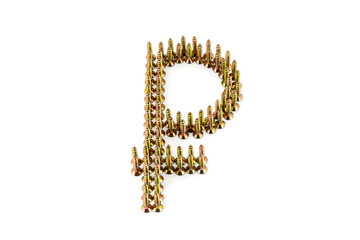 Ruble symbol drawing with yellow avarage galvanized screws isolated on white background