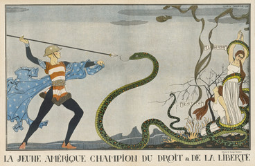 Cartoon  American champion  Justice and Liberty  WW1. Date: 1918