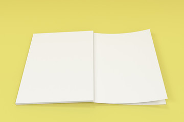 Mockup of blank white open brochure lying with cover upside on yellow background