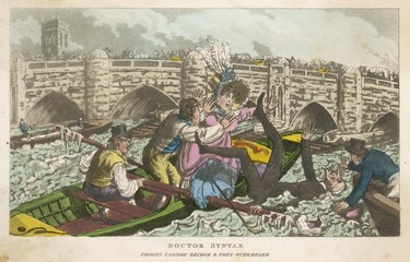 Dr Syntax shoots London Bridge and pops overboard. Date: 1820