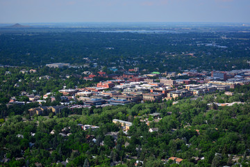 Downtown Boulder, Colorado on a Sunny Day with Boulder Reservoir and Haystack Mountain in the Background