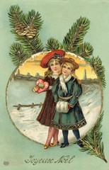 Two girls on a snowy road. Date: 1911