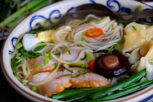 Vietnam food, egg noodle soup with wontons