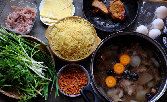 Vietnam food, egg noodle soup with wontons