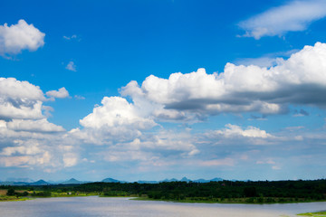 Blue sky with white clouds,Cloudy sky and mountain water.