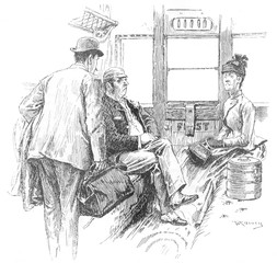 Unwelcoming passengers in train compartment. Date: 1891