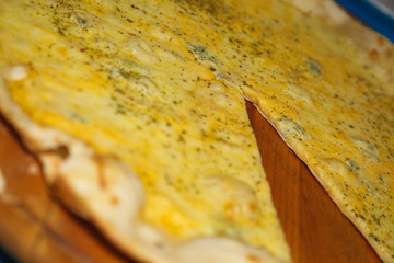 Fresh pizza with cheese and mushrooms on wooden table closeup - 162322376