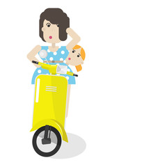 Brunette woman with girl driving yellow scooter