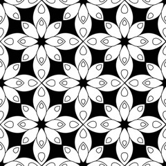 Flowers seamless pattern. Adult coloring page. Black and white floral ornament. Repeat pattern background. Hand drawn vector illustration.