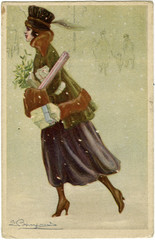 Lady Xmas Shopping. Date: circa 1920