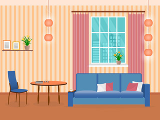 Interior of living room design in flat style with furniture, sofa, table, bookshelf and chair.
