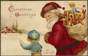 Father Christmas delivering Xmas presents. Date: 1910