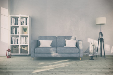 Skandinavisches, nordisches Wohnzimmer - Sofa - Couch - Textfreiraum - Platzhalter - maritime Dekoration - Retro Look