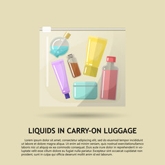 Vector flat illustration of the permissible packaging of liquid in carry-on luggage in airport. Transparent plastic bag with colored bottles inside.