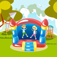 Fotobehang Jumping on a trampoline Kids Outdoor © sashazerg