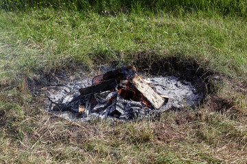 Bonfire in the field. Camp, holiday and rest background.